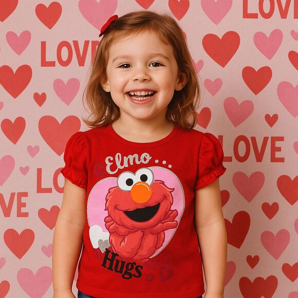 Sesame Street Girls "Elmo Hugs" Shirt Red Hearts Short Sleeve Valentine's Day 4T - Picture 1 of 8